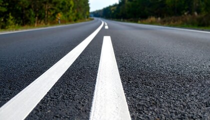 Fototapeta premium Close-up of a paved road with white lane markings stretching into the distance. Lush trees frame the asphalt. Clear sky