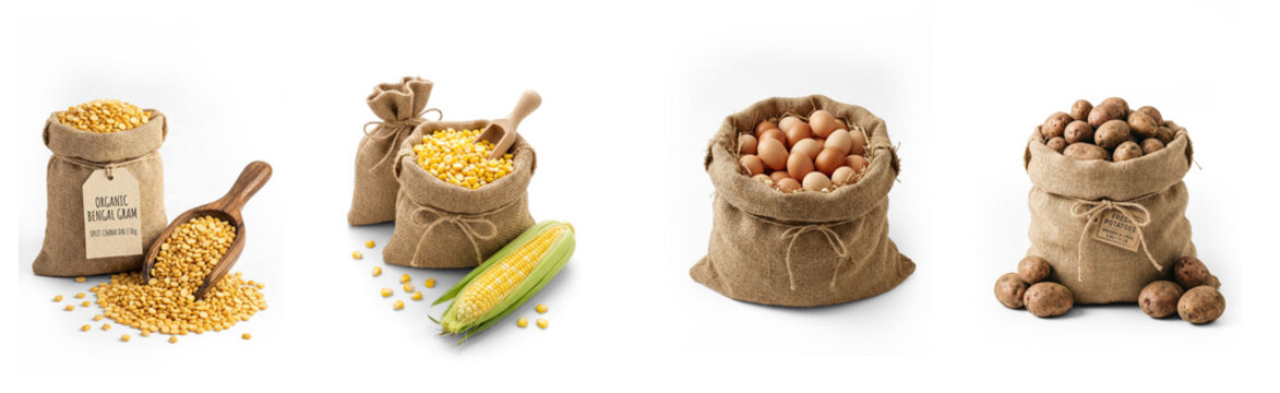 burlap sacks contain various agricultural products. The first sack holds yellow lentils. The second sack contains eggs. The third sack contains corn on the cob.