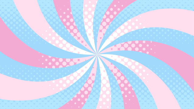 ゆめかわ渦巻き放射背景 パステルドットポップデザイン素材　Pastel Kawaii Swirl Burst Background Pop Dot Design
