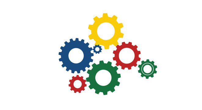 Colorful gear wheels turning together.