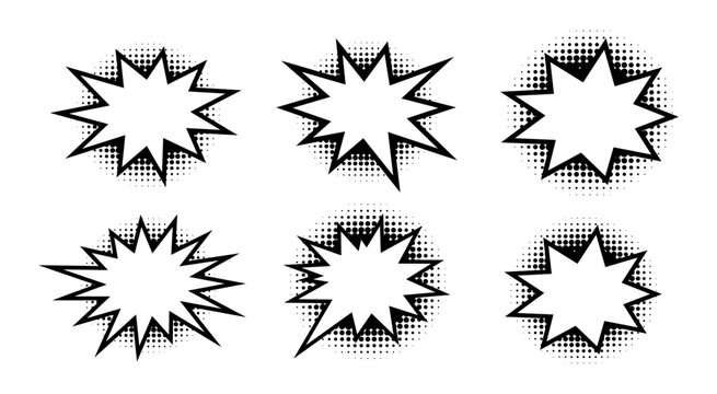 Blank Comic Speech Bubble Burst Set with Retro Halftone Effect Vector Illustration Set