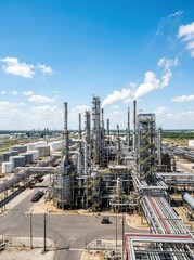 Obraz premium A large petrochemical complex dominates the landscape under a bright blue sky dotted with fluffy white clouds.