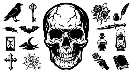 Fototapeta premium Black and White Gothic Vector Icons: Skull, Raven, Roses, Dagger