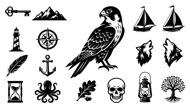 Nautical  Adventure Icons: Compass, Anchor, Feather, Ships, Wolf, Skull, Tree
