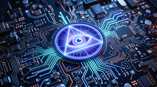 Futuristic circuit board with glowing all-seeing eye core.