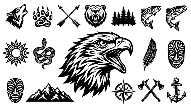Tribal Wildlife and Nature Vector Emblems Set - Black  White Line Art Icons