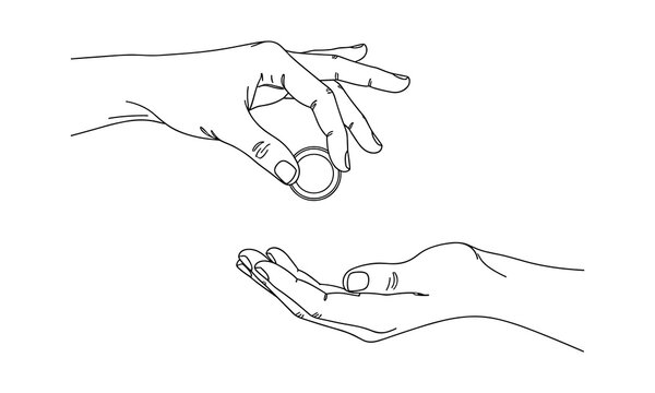 Minimal line art hands exchanging coin gesture concept of payment or donation
