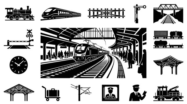 Black and White Vector Icons of Trains, Railway Station, and Transportation Elements
