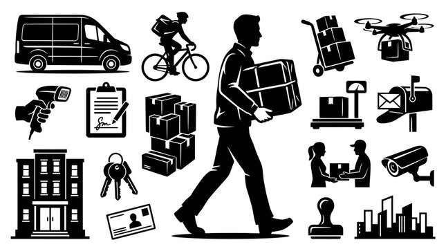 Delivery and Logistics Icons: Van, Drone, Mailbox, Building, Man, Boxes, Bike