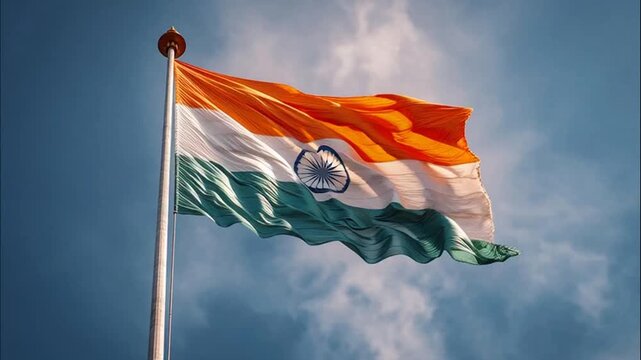 Majestic tricolor banner soaring high, symbolizing national pride and unity under a vast sky, representing heritage and freedom