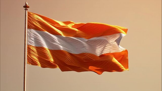 A visually striking banner featuring bold horizontal orange and white stripes, gracefully fluttering in the gentle breeze against a clear, serene background, conveying a sense of dynamic movement