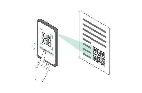 QRコードを読み込みURLをタップする操作のアイソメトリックイラスト