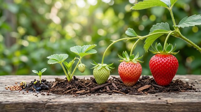 A strawberry evolves from tiny seeds and sprouts to a lush, ripe berry, symbolizing the sweet reward of consistent care and the natural beauty found in the patient unfolding of a lifecycle.
