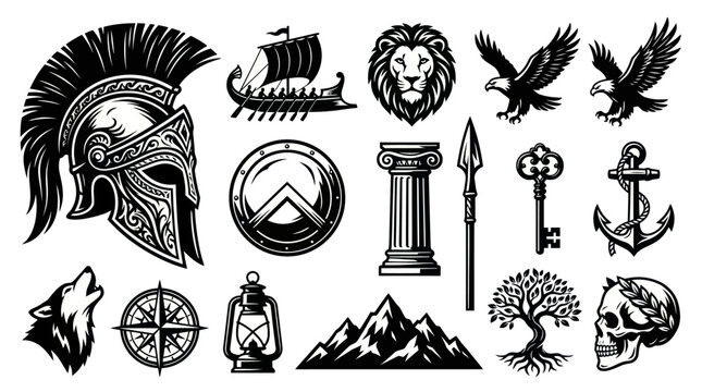 Black and White Vector Icons: Spartan Helmet, Lion, Eagle, Ship, Mountains, Skull