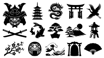 Obraz premium Japanese Culture Travel Black Silhouette Glyph Icons Set - Traditional Symbols Elements