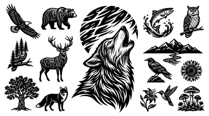 Obraz premium Outdoor Wilderness Engraving Style Black White Animal and Plant Icons Set