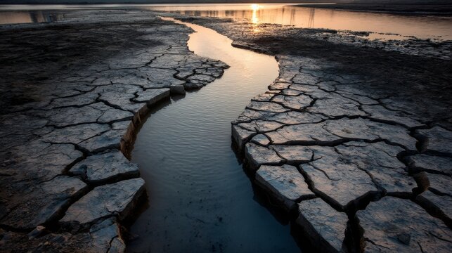 Dry Riverbed with Cracked Soil and Calm Water at Sunset Highlighting Drought Effects and Natural Landscape Changes