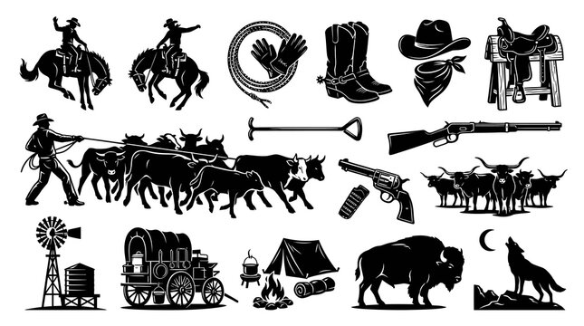 Western Cowboy Silhouette Icons Set: Horse, Cattle, Wagon, Cowboy Gear