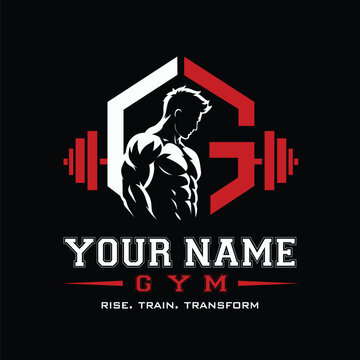 Modern Gym Logo with Muscular Man Silhouette and Barbell Icon