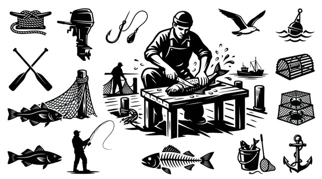Black and White Fishing Icons: Fisherman, Fish, Boat, Net, Anchor