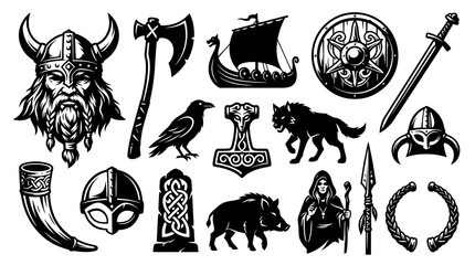 Obraz premium Norse Mythology Viking Culture Black White Line Art Set with Warrior, Helmets, Weapons Symbols