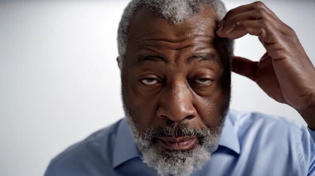Confused Senior African American Man Scratching Head in Thoughtful Expression.