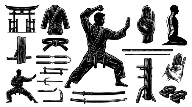 Engraved Martial Arts Black White Line Art Set: Fighter, Weapons, Training Gear  Culture Icons