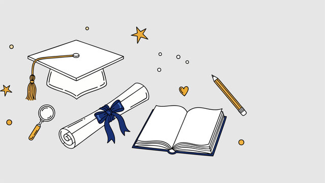 Commemorating academic achievement and scholarly pursuits with graduation cap rolled diploma open textbook magnifying glass and writing tools presented against a soft light colored backdrop