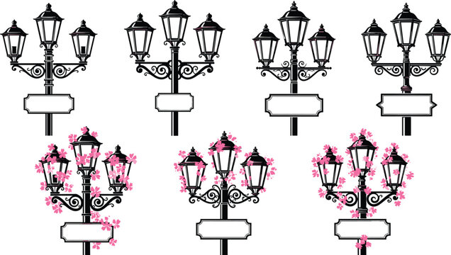 Vintage street lamp posts with floral decoration ornate lantern set decorative urban lighting vector illustration collection