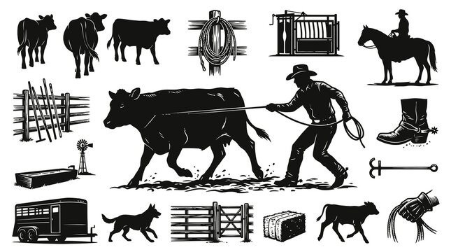 Ranching  Agriculture Livestock Farm Elements Silhouette Vector Icons Set