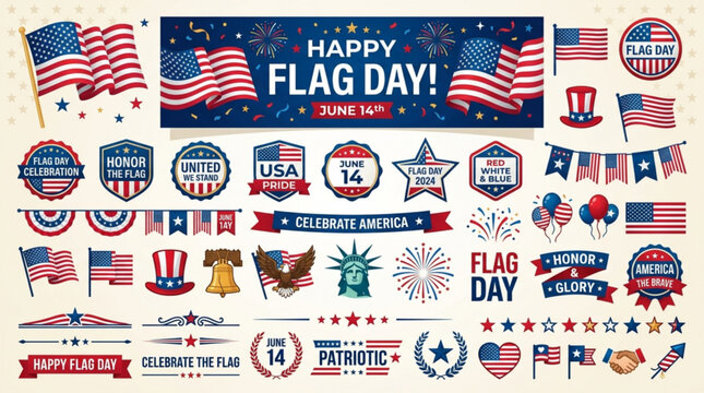 American flag day celebration icons and banners with patriotic symbols and text on white background