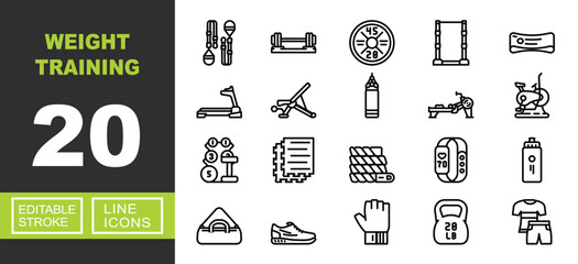 Weight Training line icon set. Vector pictograms of ropes, barbell, plate, rack, bench, treadmill, punchbag, rower, bike, dumbbells, mats, band, tracker, bottle. Editable stroke. © Catostd