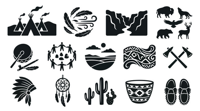 Native American Culture Glyph Icons Set - Indigenous Symbols  Western Elements