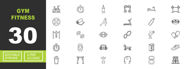Gym Fitness line icon set. Vector pictograms of bicycle, stopwatch, punchbag, expander, rower, bench, weight, mat, treadmill, bottle, belt, dumbbell, smartwatch, kettlebell. Editable stroke. © Catostd