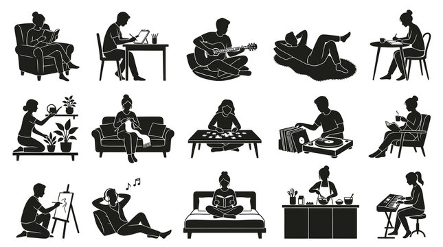 Black  White Silhouettes: People Enjoying Hobbies and Relaxing at Home