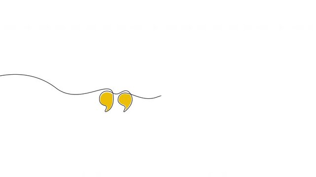 Continuous line yellow quotation marks animation on transparent background, alpha channel, 4K resolution, horizontal video element.