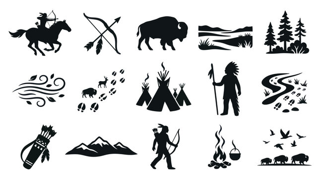 Native American Icons Set: Buffalo, Horse, Teepee, Hunter, Nature