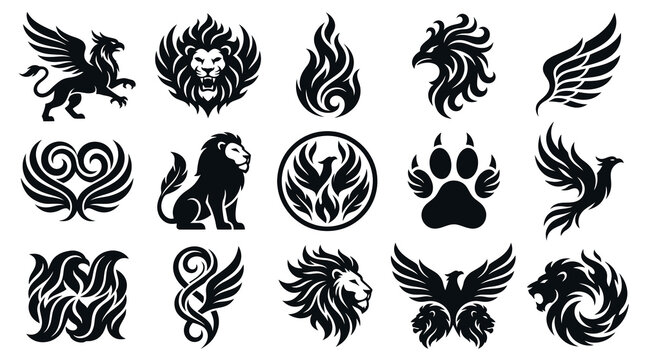 Black  White Vector Icons of Mythical Creatures and Animals for Emblems