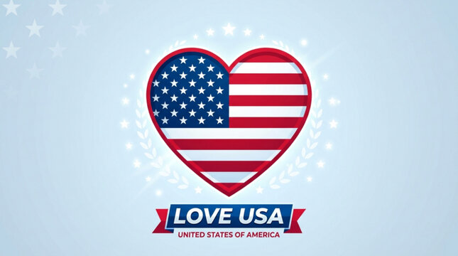 American flag heart shape icon with 'love usa' text on light blue background with stars