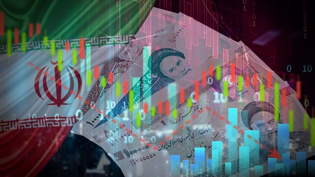 Iran Economic Crisis Concept with Iranian Rial Banknotes and Falling Stock Market Financial Graph Overlay