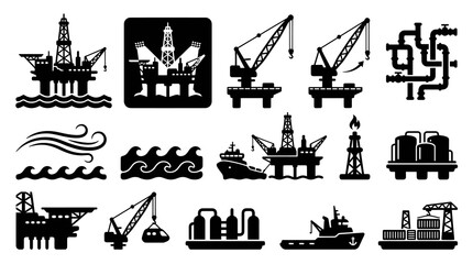 Fototapeta premium Offshore Oil Rig, Cranes, Ships, and Pipeline Icons