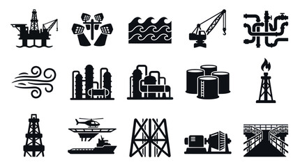 Fototapeta premium Oil and Gas Industry Icons: Offshore Rig, Refinery, Crane, Pipes, Wind Turbine