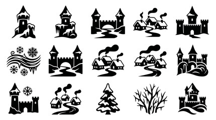 Fototapeta premium Winter Village Icons: Black White Stylized Castles and Houses