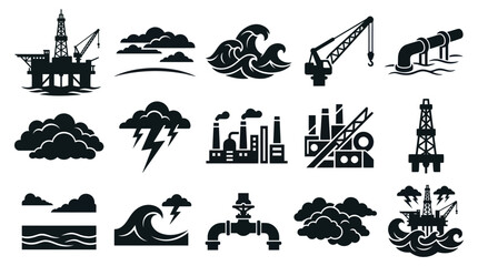 Obraz premium Oil Rig, Waves, Clouds, Factory, Crane Icons - Energy Industry Vector Set