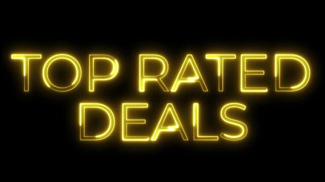 Glowing Yellow Neon Top Rated Deals Text on Black Background