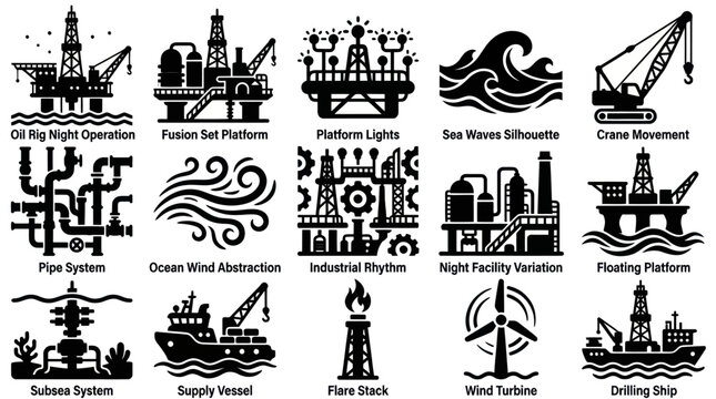 Offshore Energy Oil Gas Industry Glyphs: Rigs, Platforms, Vessels  Wind Turbines Icon Set