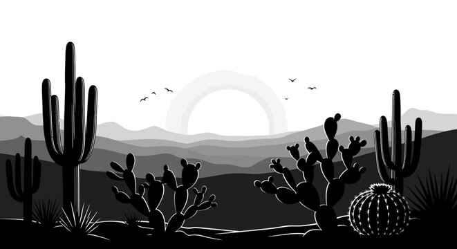 Desert landscape silhouette with cacti sun and mountain range in black and white