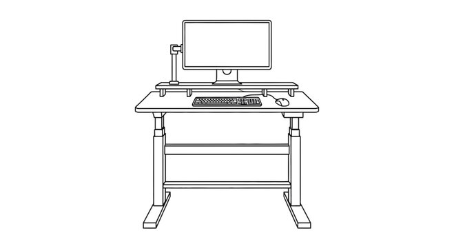 Adjustable standing desk with computer, keyboard, mouse, and monitor mount