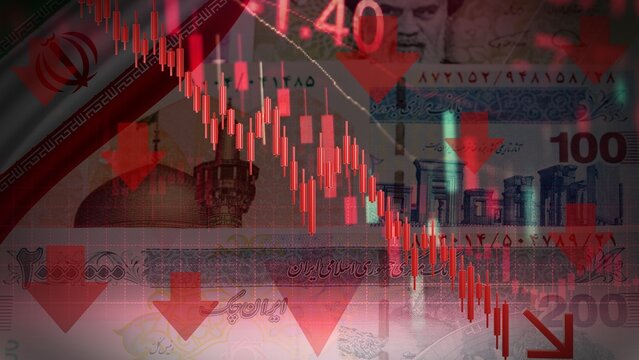 Iran Economic Crisis Concept with Iranian Rial Banknotes and Falling Stock Market Financial Graph Overlay