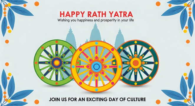 Happy Rath Yatra Festival Wheels with Temple Silhouettes and Floral Decorations